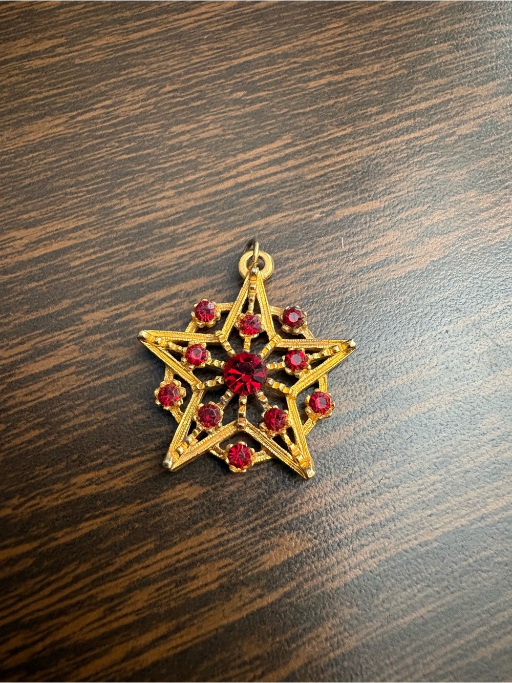 Vintage Ruby Red Rhinestone Star Pendant Gold Tone Celestial Charm